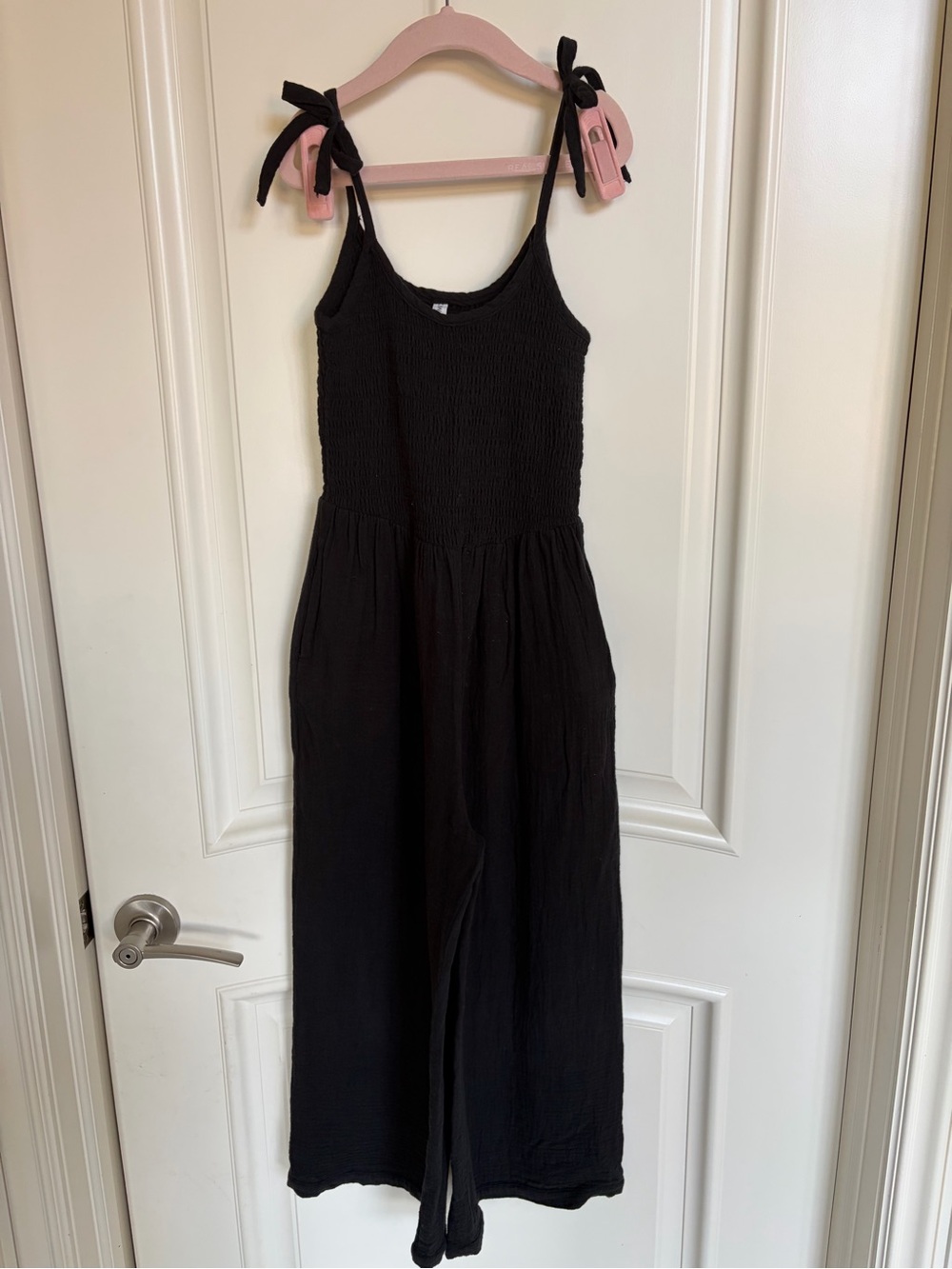 Girls Size 10 Black Smocked Jumpsuit with Pockets – Adjustable Tie Straps